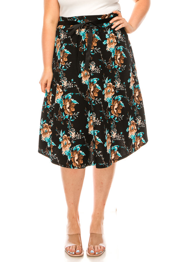 Plus size, floral print, A-line, knee length skirt FashionJOA