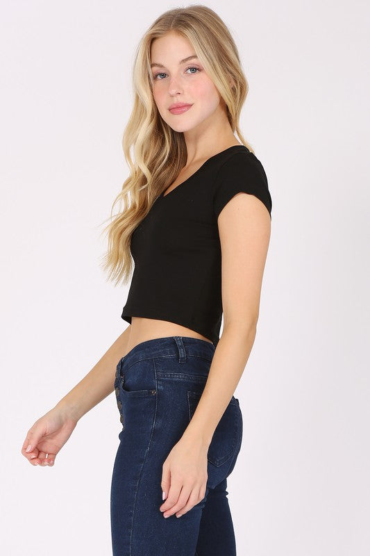 Short Sleeve Stretch V-Neck Crop Top T-Shirt FashionJOA