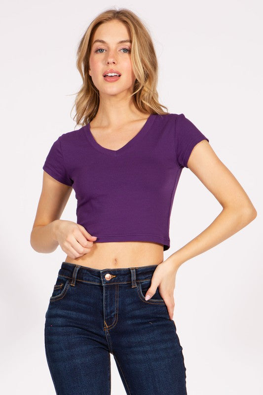 Short Sleeve Stretch V-Neck Crop Top T-Shirt FashionJOA