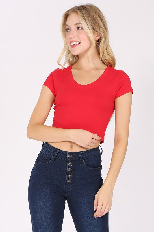 Short Sleeve Stretch V-Neck Crop Top T-Shirt FashionJOA