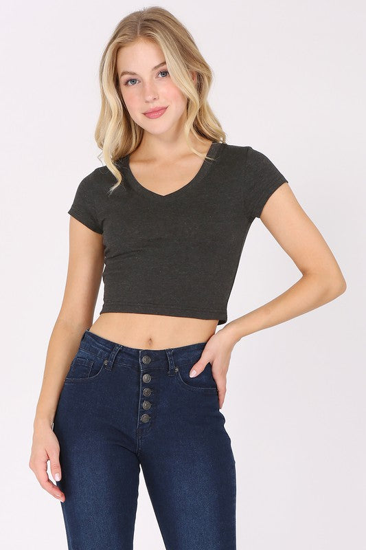 Short Sleeve Stretch V-Neck Crop Top T-Shirt FashionJOA