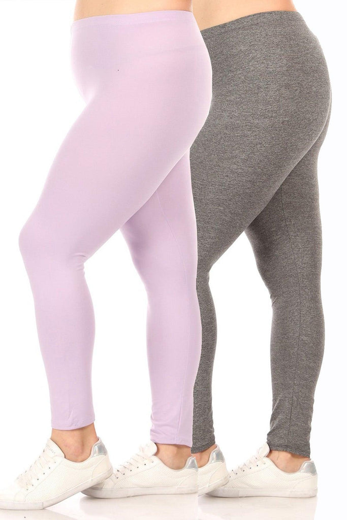 Women's 2 Pack Plus Size Solid High Waist Full Length Leggings FashionJOA