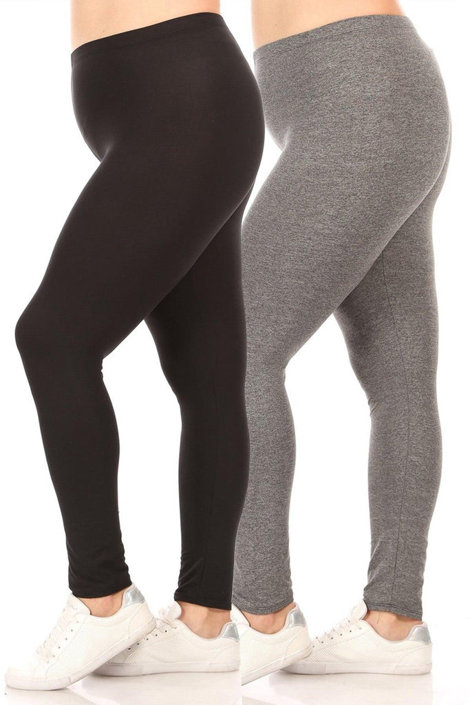 Women's 2 Pack Plus Size Solid High Waist Full Length Leggings FashionJOA