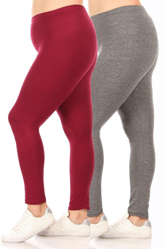 Women's 2 Pack Plus Size Solid High Waist Full Length Leggings FashionJOA