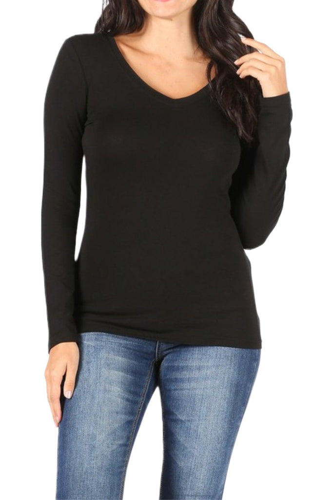 Women's Basic Long Sleeve V-Neck Tee FashionJOA