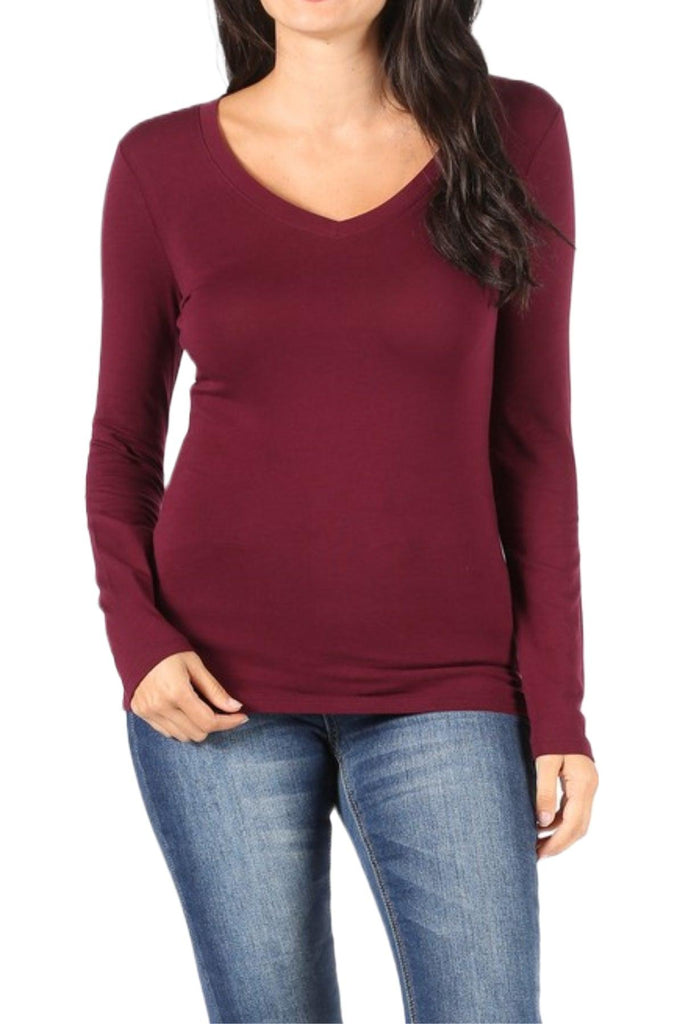 Women's Basic Long Sleeve V-Neck Tee FashionJOA