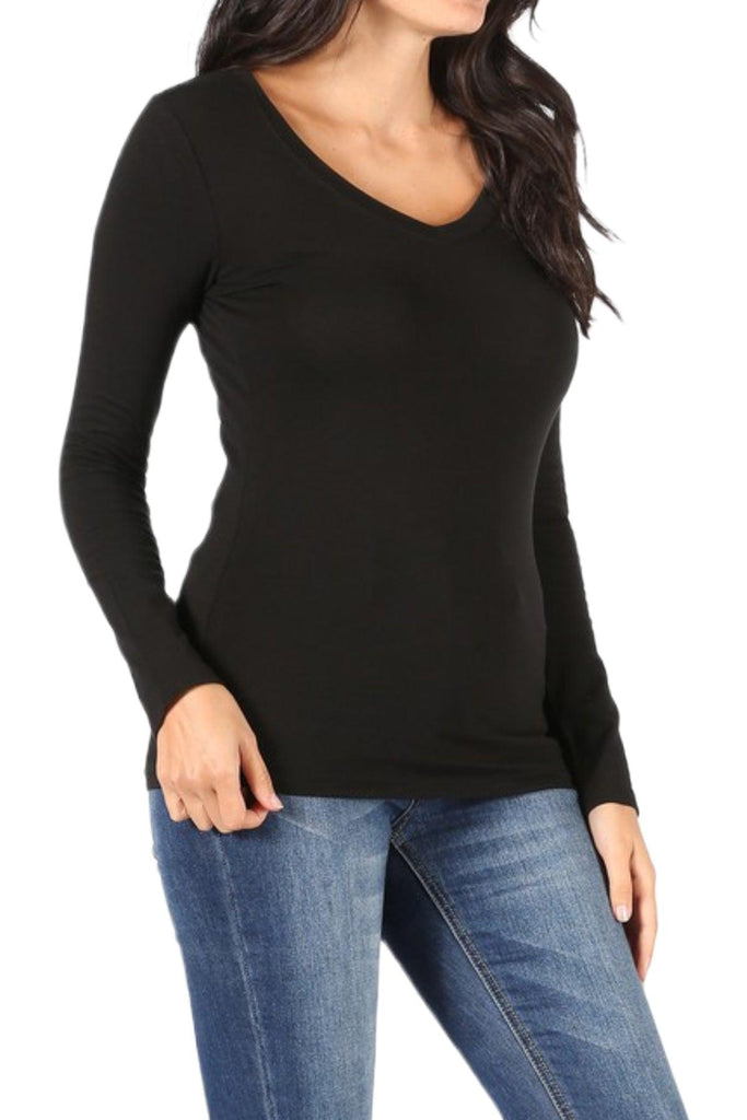 Women's Basic Long Sleeve V-Neck Tee FashionJOA