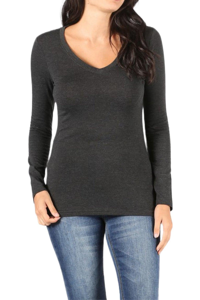 Women's Basic Long Sleeve V-Neck Tee FashionJOA