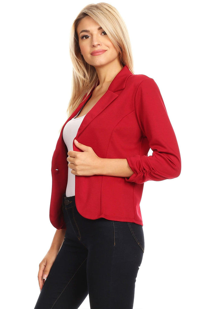 Women's Casual 3/4 Ruched Sleeves One Button Closure Waist length Blazer FashionJOA