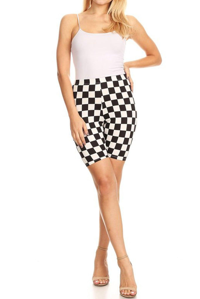 Women's Casual Checkered Plaid  Band Waist Stretch Biker Shorts FashionJOA