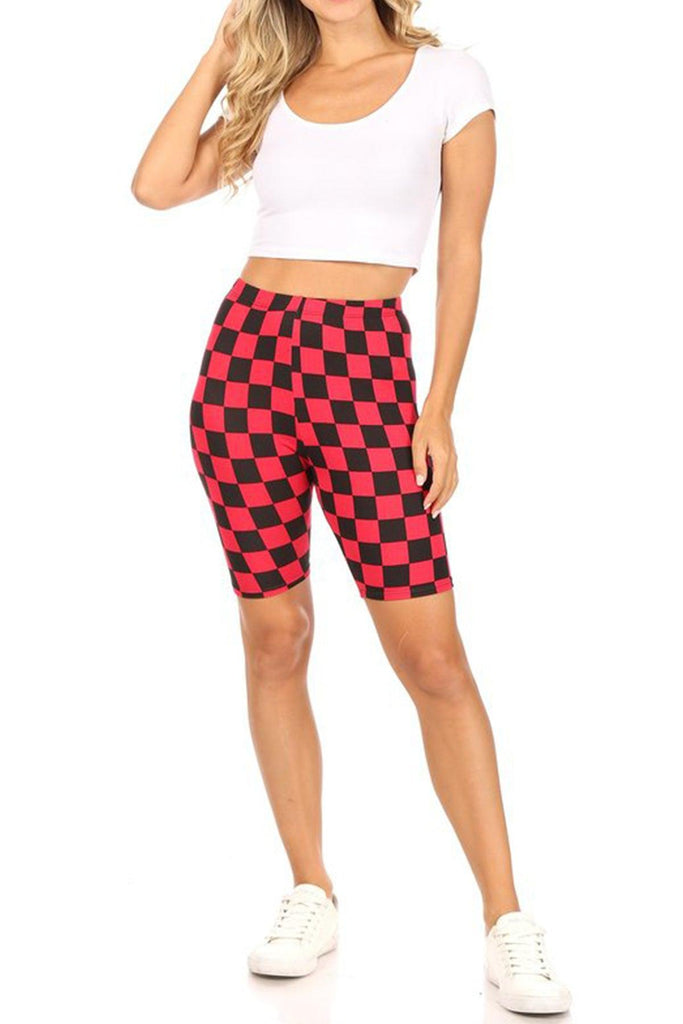 Women's Casual Checkered Plaid  Band Waist Stretch Biker Shorts FashionJOA