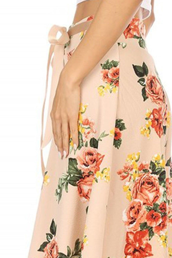 Women's Casual Floral A-line Printed High Waist Bow Tie Belted Knee Length Midi Skirt FashionJOA