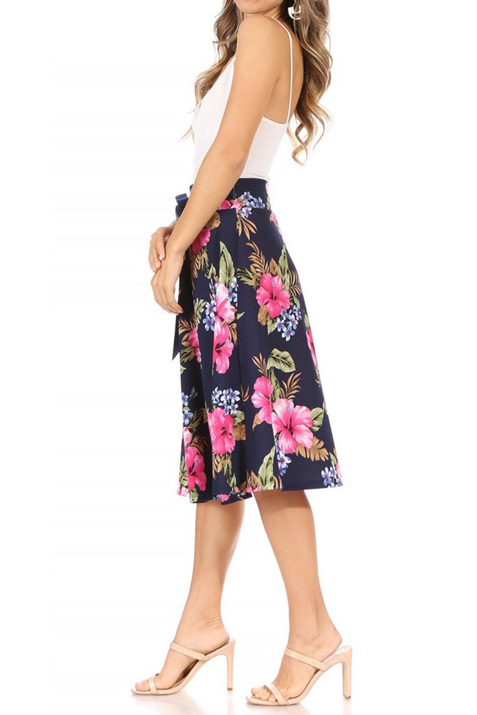 Women's Casual Floral A-line Printed High Waist Bow Tie Belted Knee Length Midi Skirt FashionJOA