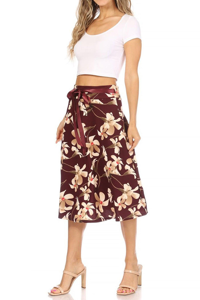 Women's Casual Floral A-line Printed High Waist Bow Tie Belted Knee Length Midi Skirt FashionJOA