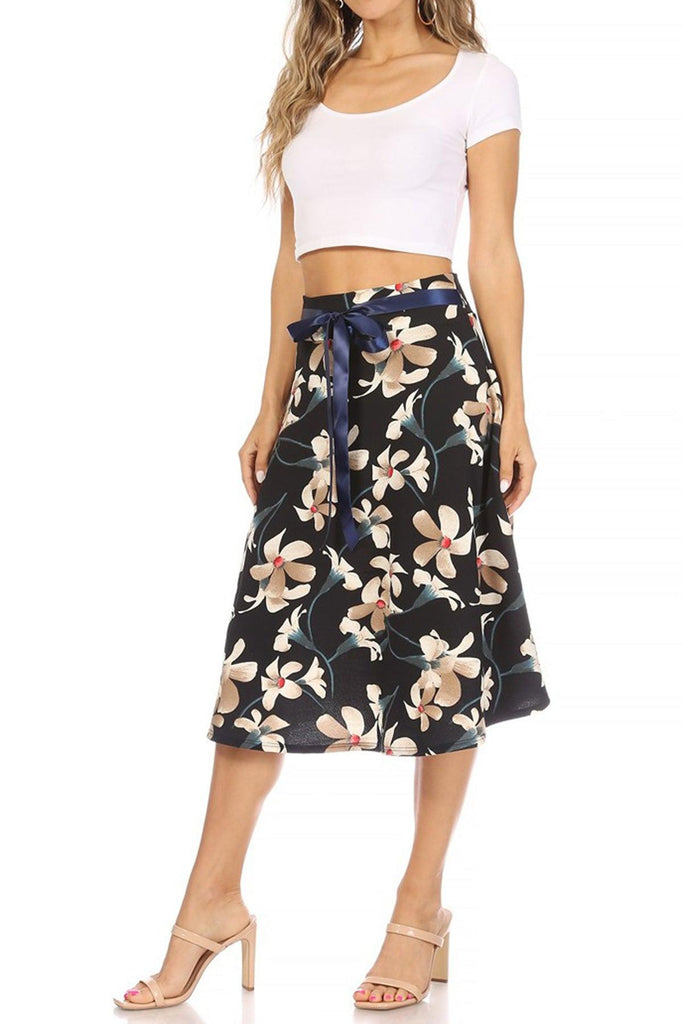 Women's Casual Floral A-line Printed High Waist Bow Tie Belted Knee Length Midi Skirt FashionJOA