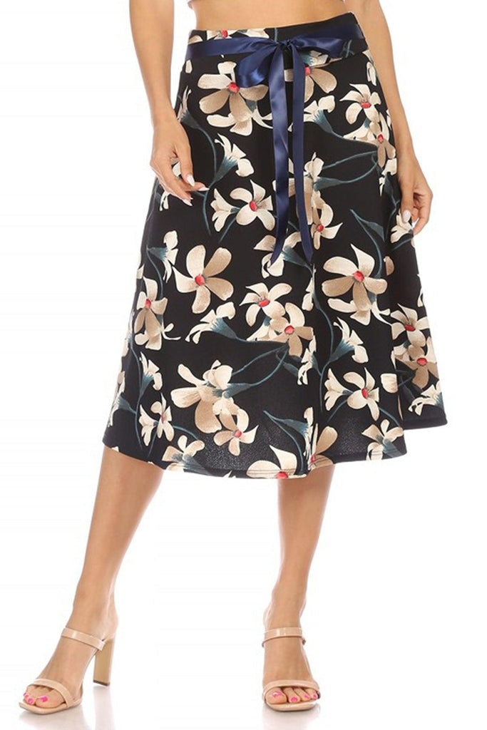 Women's Casual Floral A-line Printed High Waist Bow Tie Belted Knee Length Midi Skirt FashionJOA