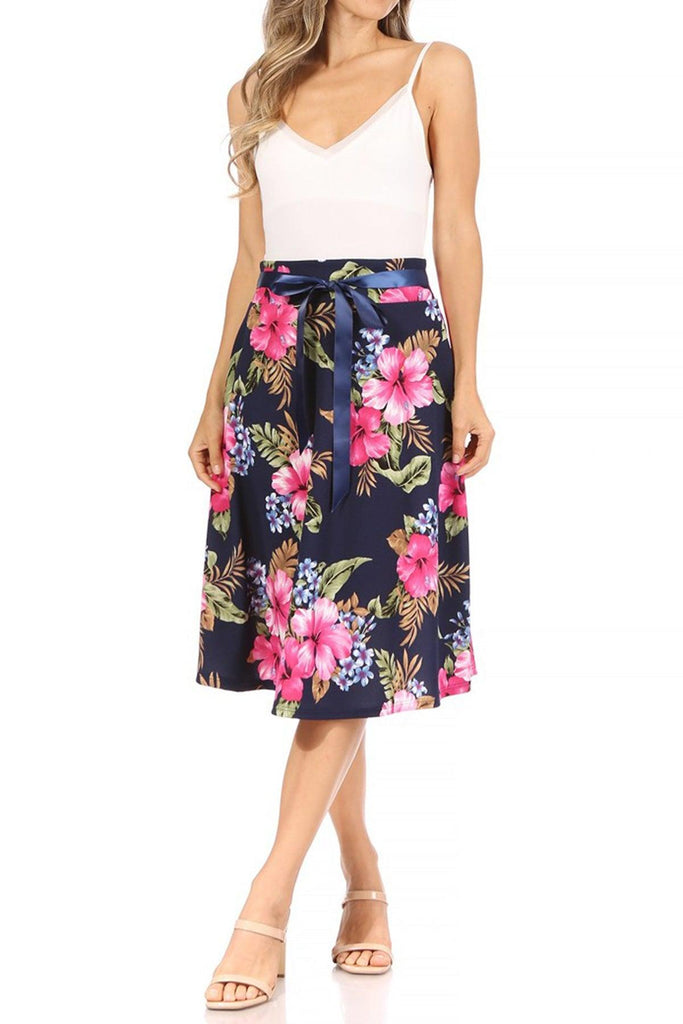 Women's Casual Floral A-line Printed High Waist Bow Tie Belted Knee Length Midi Skirt FashionJOA