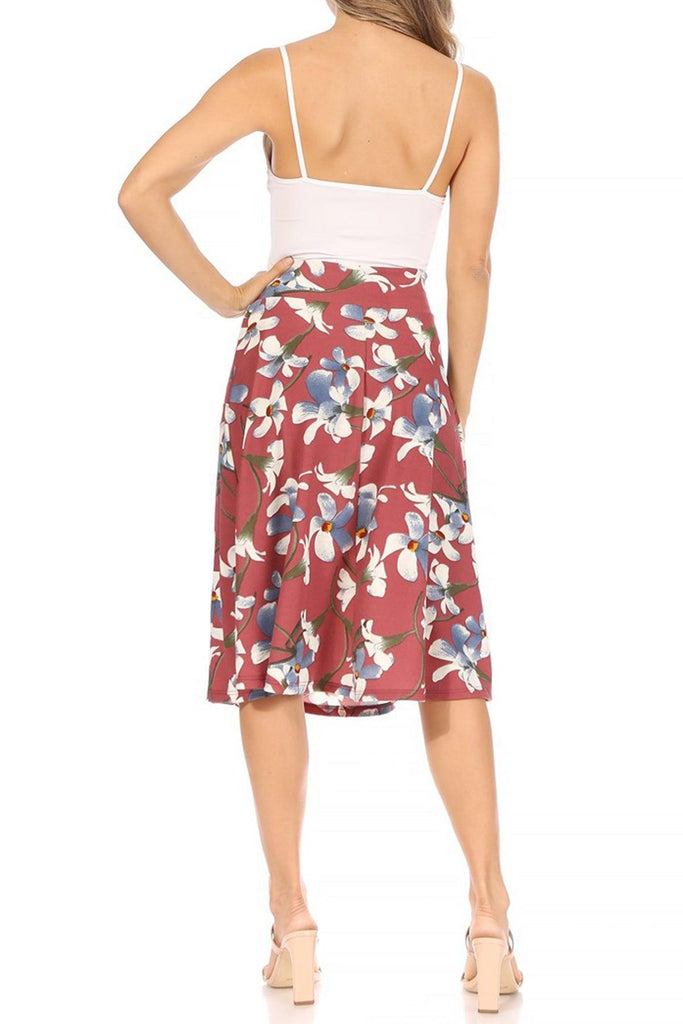 Women's Casual Floral A-line Printed High Waist Bow Tie Belted Knee Length Midi Skirt FashionJOA