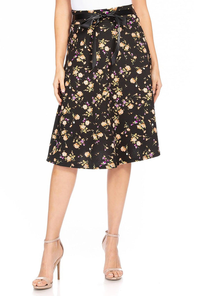 Women's Casual Floral A-line Printed High Waist Bow Tie Belted Knee Length Midi Skirt FashionJOA