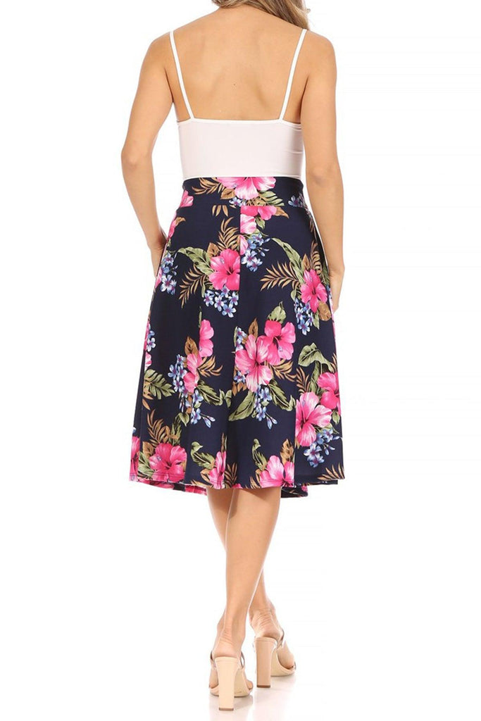 Women's Casual Floral A-line Printed High Waist Bow Tie Belted Knee Length Midi Skirt FashionJOA