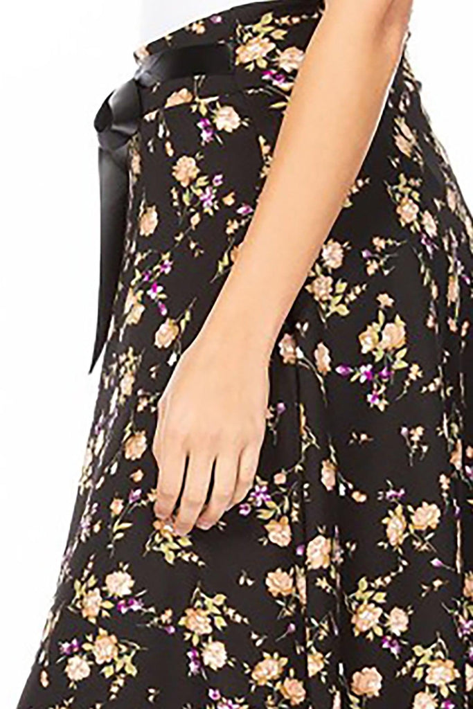 Women's Casual Floral A-line Printed High Waist Bow Tie Belted Knee Length Midi Skirt FashionJOA