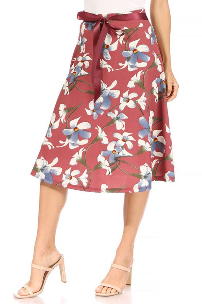 Women's Casual Floral A-line Printed High Waist Bow Tie Belted Knee Length Midi Skirt FashionJOA