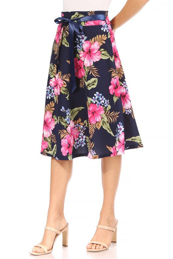 Women's Casual Floral A-line Printed High Waist Bow Tie Belted Knee Length Midi Skirt FashionJOA