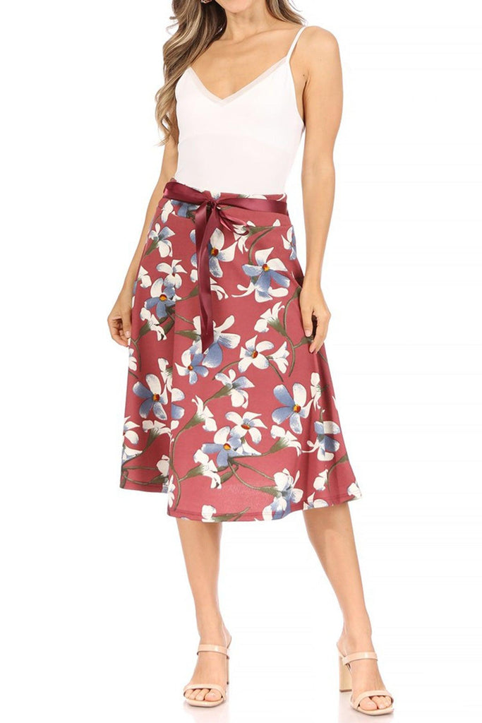 Women's Casual Floral A-line Printed High Waist Bow Tie Belted Knee Length Midi Skirt FashionJOA