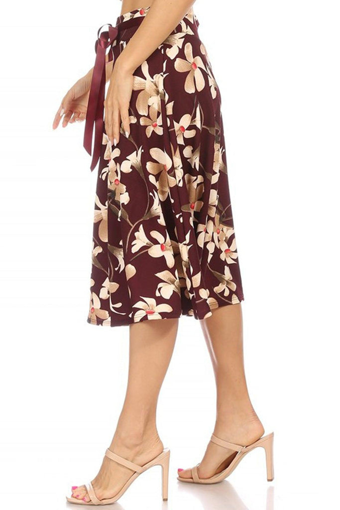 Women's Casual Floral A-line Printed High Waist Bow Tie Belted Knee Length Midi Skirt FashionJOA