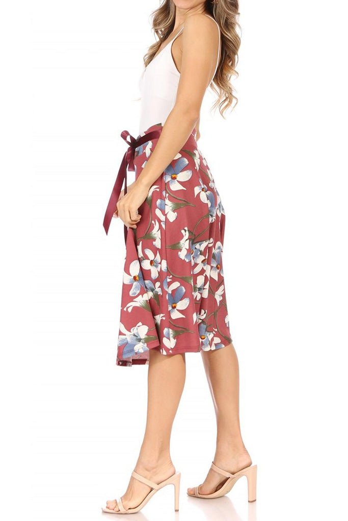 Women's Casual Floral A-line Printed High Waist Bow Tie Belted Knee Length Midi Skirt FashionJOA