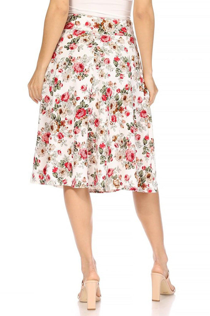 Women's Casual Floral A-line Printed High Waist Bow Tie Belted Knee Length Midi Skirt FashionJOA