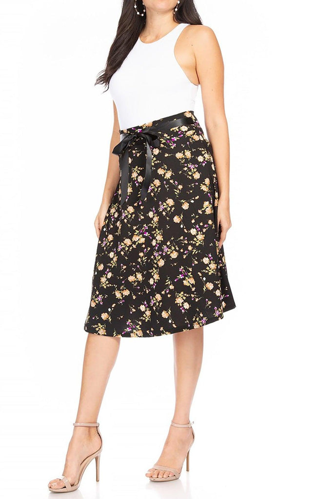 Women's Casual Floral A-line Printed High Waist Bow Tie Belted Knee Length Midi Skirt FashionJOA