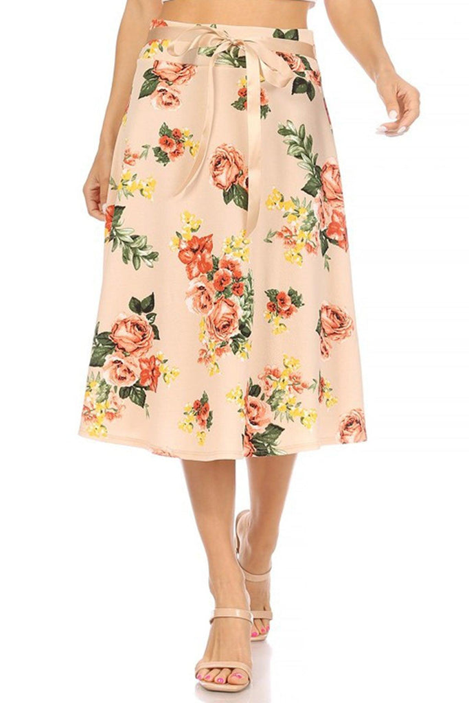 Women's Casual Floral A-line Printed High Waist Bow Tie Belted Knee Length Midi Skirt FashionJOA