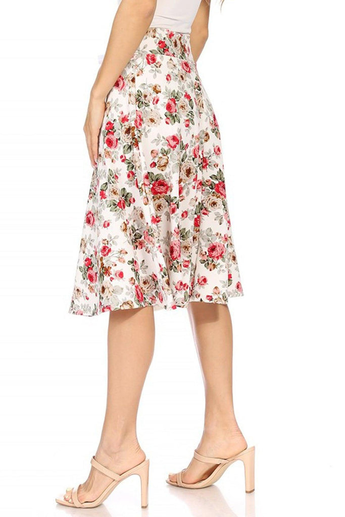 Women's Casual Floral A-line Printed High Waist Bow Tie Belted Knee Length Midi Skirt FashionJOA