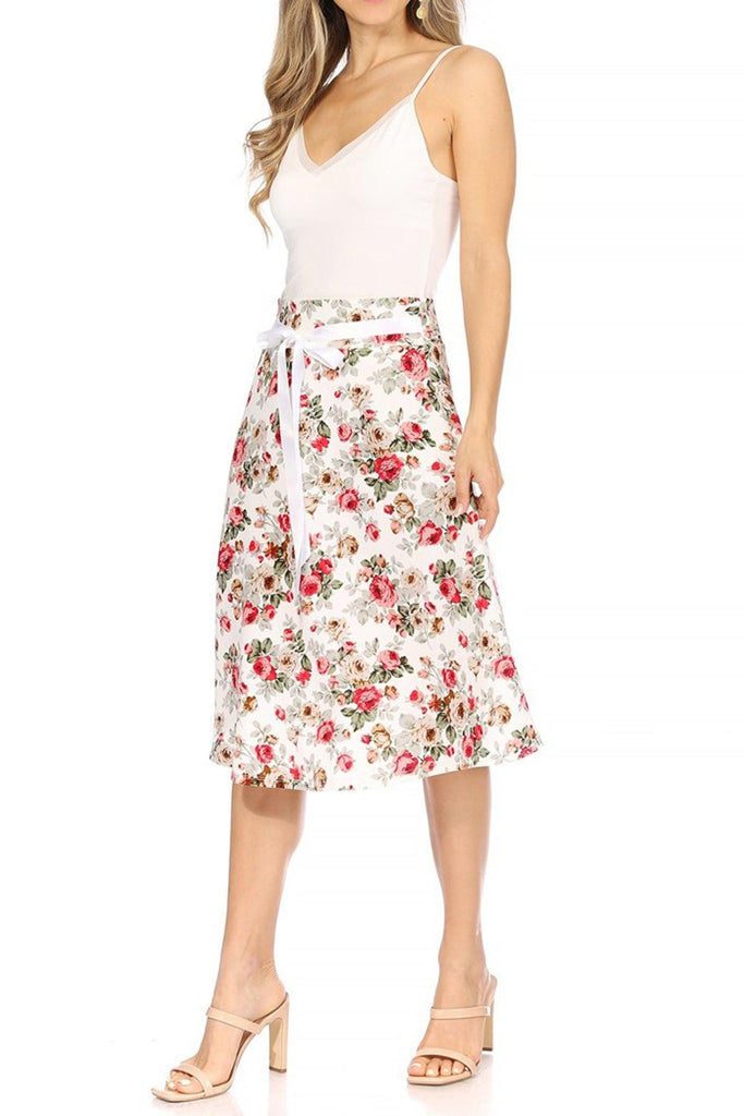 Women's Casual Floral A-line Printed High Waist Bow Tie Belted Knee Length Midi Skirt FashionJOA