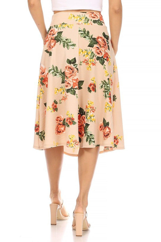 Women's Casual Floral A-line Printed High Waist Bow Tie Belted Knee Length Midi Skirt FashionJOA