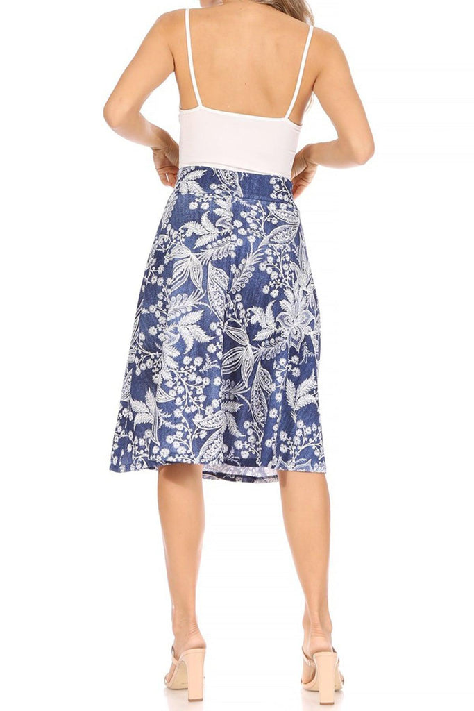 Women's Casual Floral A-line Printed High Waist Bow Tie Belted Knee Length Midi Skirt FashionJOA