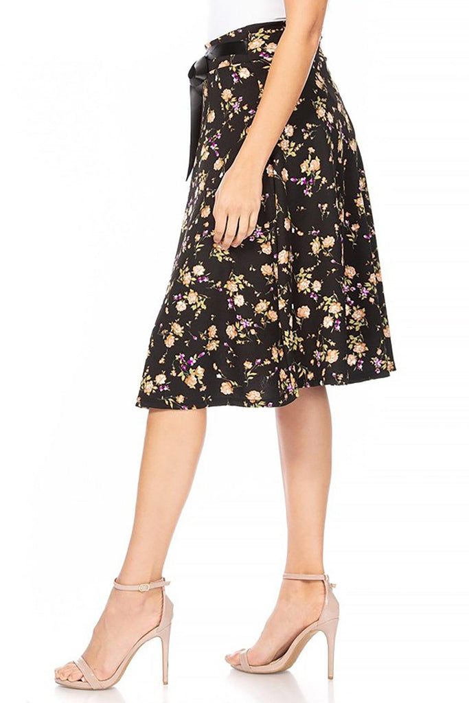 Women's Casual Floral A-line Printed High Waist Bow Tie Belted Knee Length Midi Skirt FashionJOA