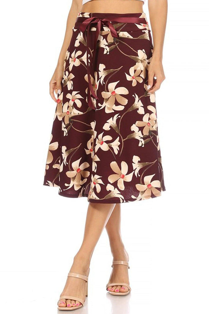 Women's Casual Floral A-line Printed High Waist Bow Tie Belted Knee Length Midi Skirt FashionJOA