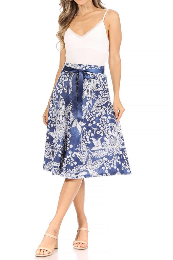 Women's Casual Floral A-line Printed High Waist Bow Tie Belted Knee Length Midi Skirt FashionJOA