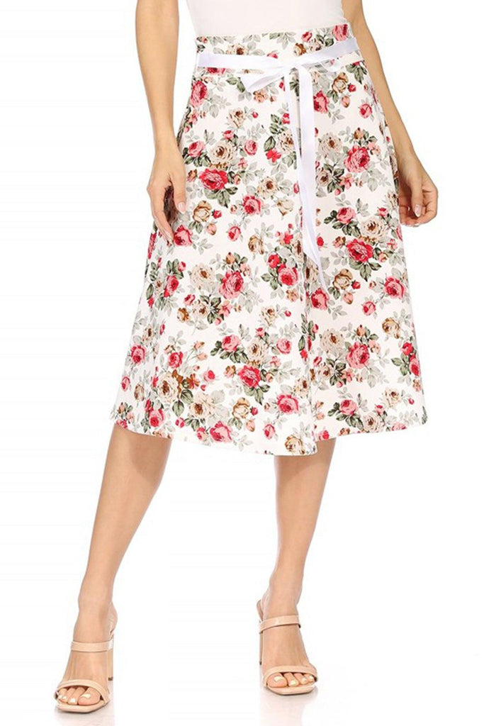 Women's Casual Floral A-line Printed High Waist Bow Tie Belted Knee Length Midi Skirt FashionJOA