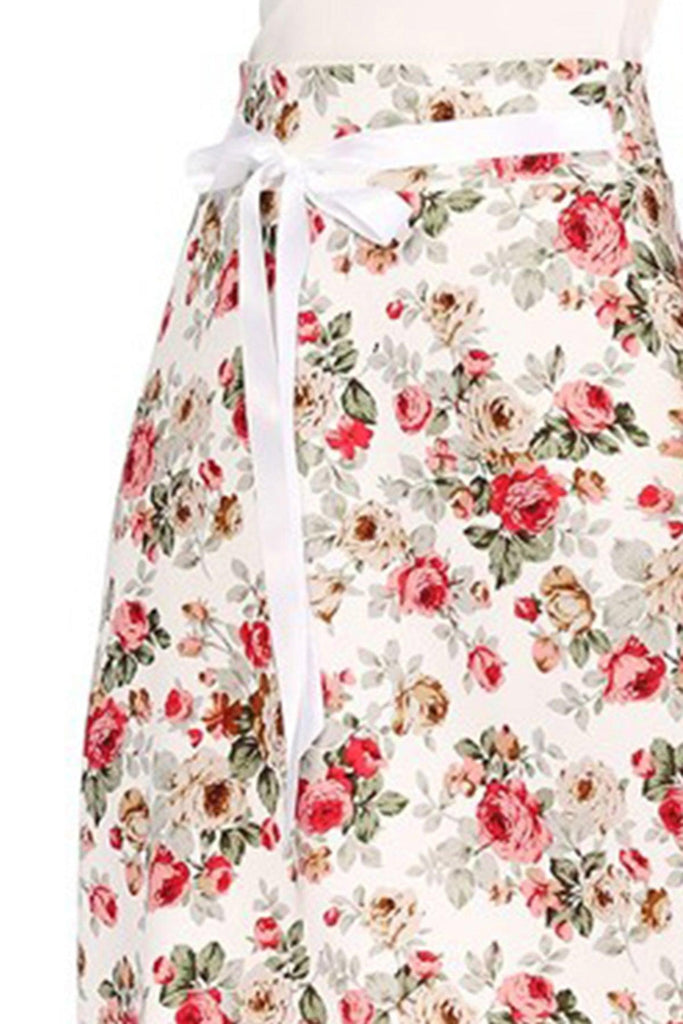 Women's Casual Floral A-line Printed High Waist Bow Tie Belted Knee Length Midi Skirt FashionJOA