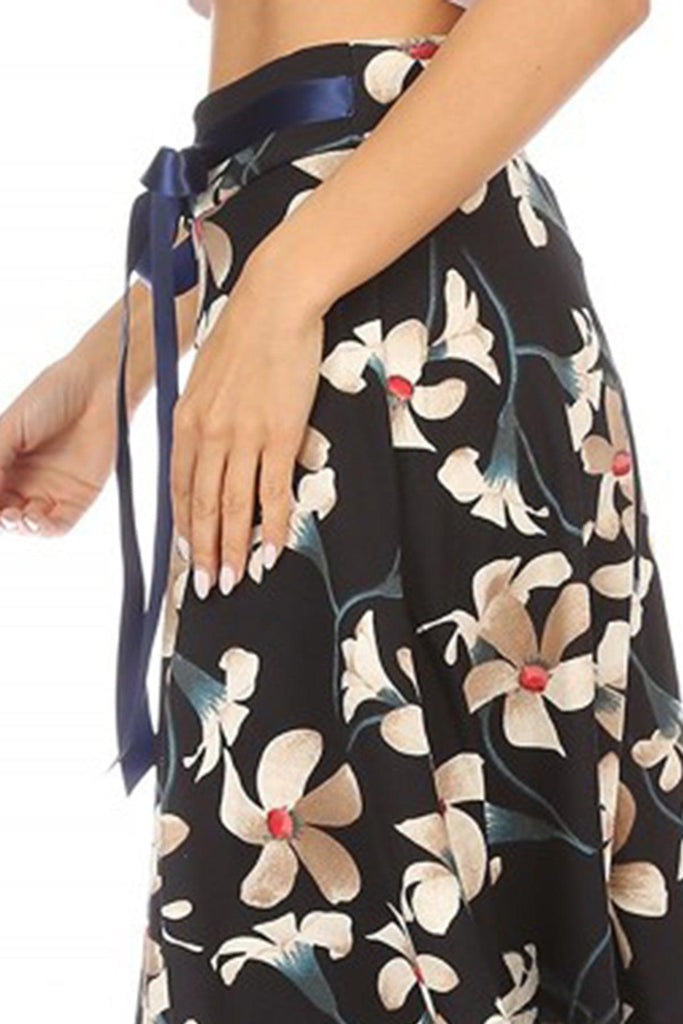 Women's Casual Floral A-line Printed High Waist Bow Tie Belted Knee Length Midi Skirt FashionJOA