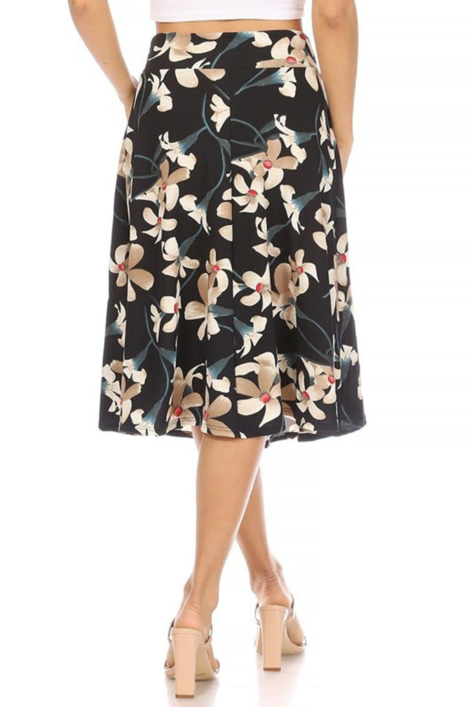 Women's Casual Floral A-line Printed High Waist Bow Tie Belted Knee Length Midi Skirt FashionJOA