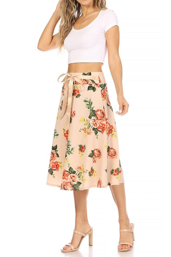 Women's Casual Floral A-line Printed High Waist Bow Tie Belted Knee Length Midi Skirt FashionJOA