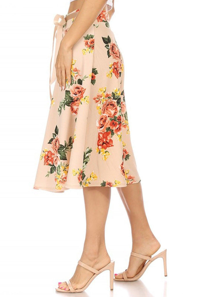 Women's Casual Floral A-line Printed High Waist Bow Tie Belted Knee Length Midi Skirt FashionJOA