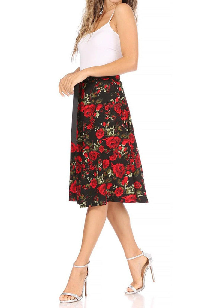 Women's Casual Floral Printed A Line High Waist Ribbon Belted Knee Length Midi Skirt FashionJOA