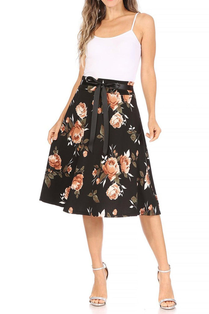 Women's Casual Floral Printed A Line High Waist Ribbon Belted Knee Length Midi Skirt FashionJOA