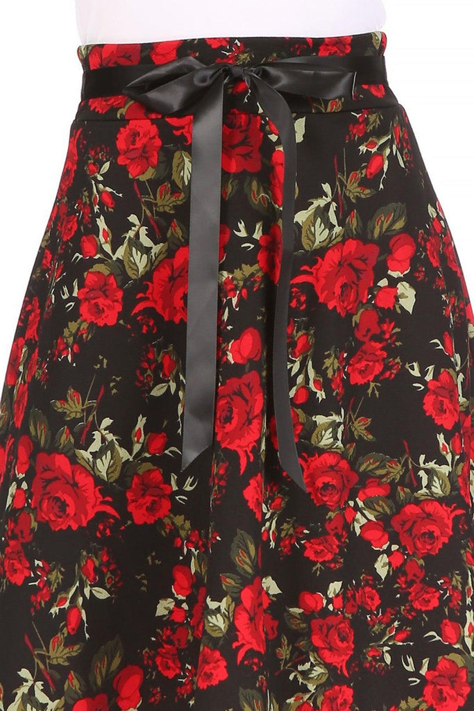 Women's Casual Floral Printed A Line High Waist Ribbon Belted Knee Length Midi Skirt FashionJOA