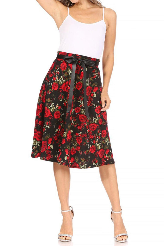 Women's Casual Floral Printed A Line High Waist Ribbon Belted Knee Length Midi Skirt FashionJOA